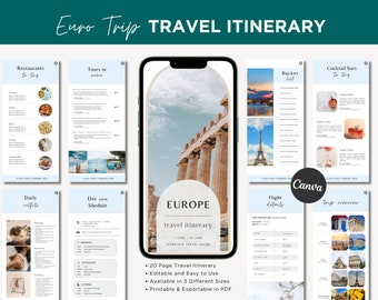 Modèle d'itinéraire de voyage modifiable | Planificateur d'horaires de voyages en Europe | Guide de voyage mobile et imprimable | Planificateur de vacances Lune de miel