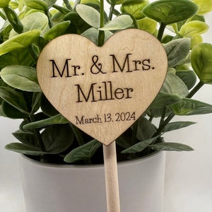 Wedding Cupcake Topper, Plant Pick, Rustic Wood Heart, Personalized, Laser Cut and Engraved Wedding Favor~Perfect For Your Special Day