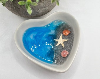 Heart Ocean Resin Ring Dish, Beach Trinket Dish, Shell Decor, Personalized Gift