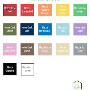 K&ouml;nnte beinhalten: Farbkarte mit 16 verschiedenen Farben, darunter Rot, Gr&uuml;n, Blau, Braun und Grau. Die Farben sind in einem Raster angeordnet, wobei der Name jeder Farbe darunter steht. Die Karte ist oben mit "Colour Sheet" betitelt.