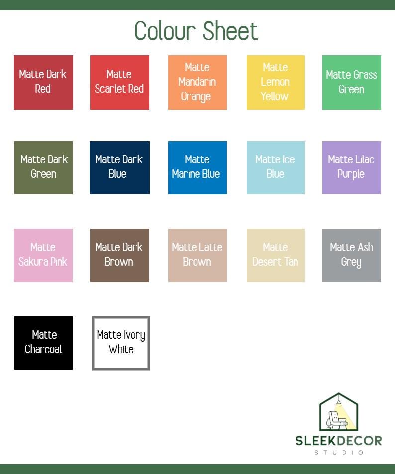 K&ouml;nnte beinhalten: Farbkarte mit 16 verschiedenen Farben, darunter Rot, Gr&uuml;n, Blau, Braun und Grau. Die Farben sind in einem Raster angeordnet, wobei der Name jeder Farbe darunter steht. Die Karte ist oben mit "Colour Sheet" betitelt.