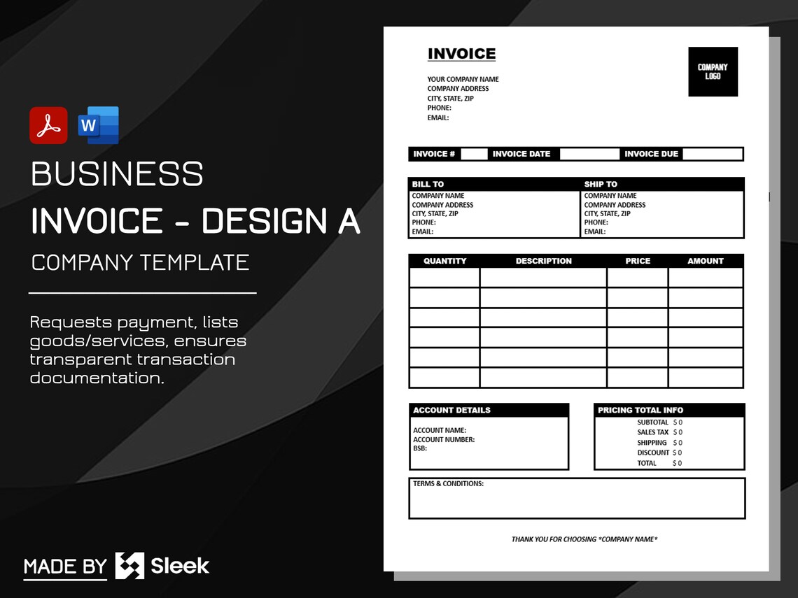 Invoice. Professional Billing Template. Customizable Invoice. Sleek