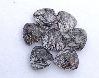 May include: Six triangular, clear quartz stones with black inclusions. The stones are arranged in a circular pattern on a white surface.