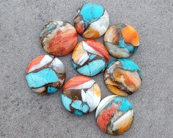 AAA+ スパイニーオイスターターコイズカボション：オレンジブルーラウンドジェムストーン