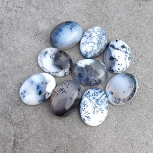 Pode incluir: Nove cabochões ovais de ágata dendrítica em tons de branco, cinza e preto. As pedras têm um padrão único de inclusões dendríticas que se assemelham a ramos ou árvores.