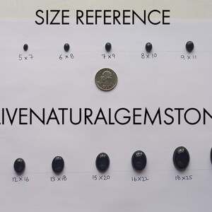 May include: A size reference chart for natural gemstones. The chart displays various sizes of oval-shaped, dark-colored gemstones, ranging from 4x6 to 20x30. The text "SIZE REFERENCE" and "LIVENATURALGEMSTONE" are also visible.