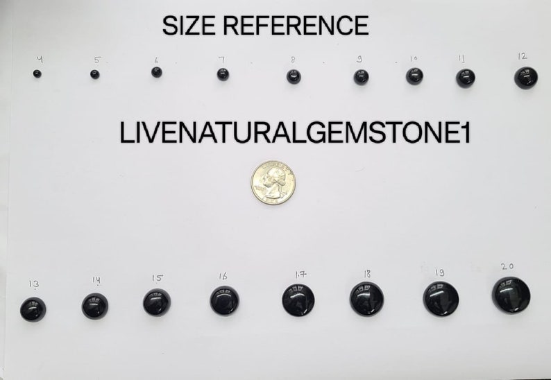 May include: Size reference chart for black round gemstones, showing the size of each gemstone in inches, from 4 inches to 20 inches. A US quarter is included for scale.