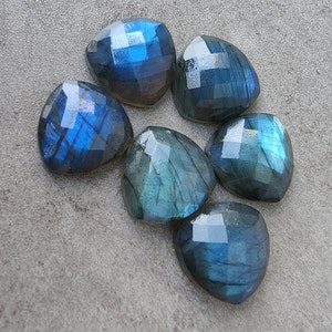 Pu&ograve; includere: Sei cabochon a forma di cuore in labradorite blu iridescente su uno sfondo grigio.