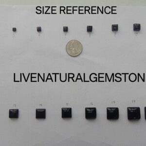 Peut inclure: Image de r&eacute;f&eacute;rence des tailles de pierres pr&eacute;cieuses carr&eacute;es et noires. Les pierres sont dispos&eacute;es en rang&eacute;e, de taille croissante. Une pi&egrave;ce de monnaie est incluse pour l'&eacute;chelle. Le texte "SIZE REFERENCE" et "LIVENATURALGEMSTONE1" sont &eacute;galement visibles.