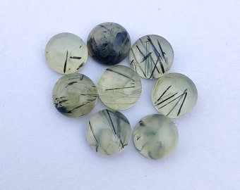 AAA+ Prehnite Rutile Cabochon: Round Green-Black Gemstone