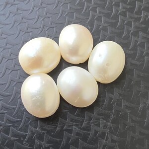 Op de afbeelding: Vijf glanzende, ovaalvormige parels in off-white op een donker, getextureerd oppervlak. De parels hebben een subtiele glans die het licht reflecteert. Geschikt voor het maken van sieraden. Elke parel is ongeveer 1,5 cm lang.