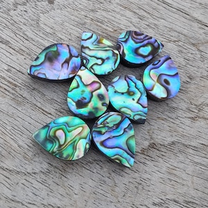 Könnte beinhalten: Eine Gruppe von acht Gitarrenpicks in Tropfenform aus irisierendem Abalone-Schalenmaterial in Blautönen, Grüntönen und Violett.