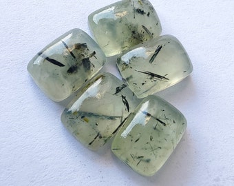 AAA+ Prehnite Rutile Cabochon: Green-Black Cushion Calibrated Gemstones
