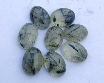 AAA+ Prehnite Rutile Cabochon: Natural Green-Black Oval Gemstone