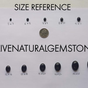 May include: Size reference chart for black gemstones, showing the size of each gemstone in inches. The chart includes a US quarter for scale. The text "LIVENATURALGEMSTONE" is printed below the chart.