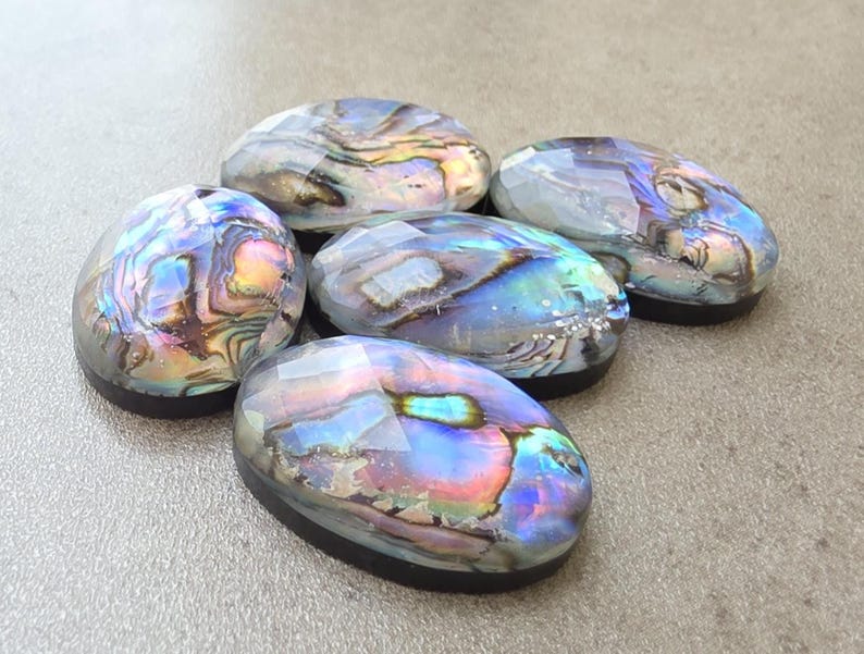 Natural AAA+ Doublet Abalone Shell Oval Shape Checker Cut Flat Back ...