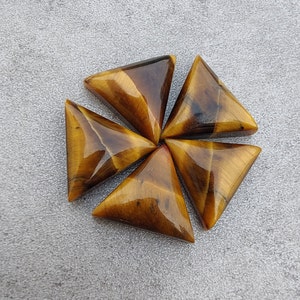May include: Six triangular tiger's eye gemstone cabochons in shades of brown and gold.