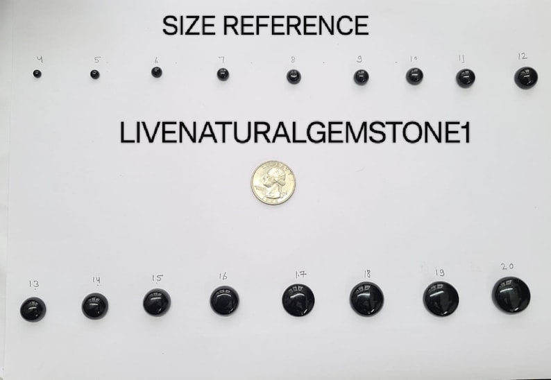 May include: A white background displays a size reference of black gemstones, numbered 4 through 20. A quarter is in the center for scale. The text "SIZE REFERENCE" and "LIVENATURALGEMSTONE1" are at the top.