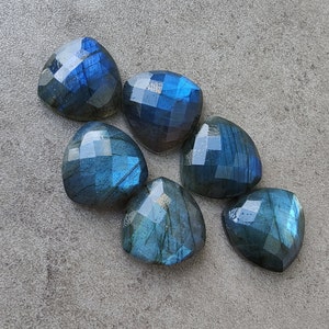 Pu&ograve; includere: Sei cabochon di labradorite blu-verde iridescenti a forma di cuore sfaccettato.