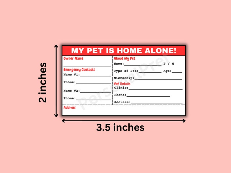Printable Pet Emergency Contact Card Template, Wallet Size Pet Home Alone Information ID ...