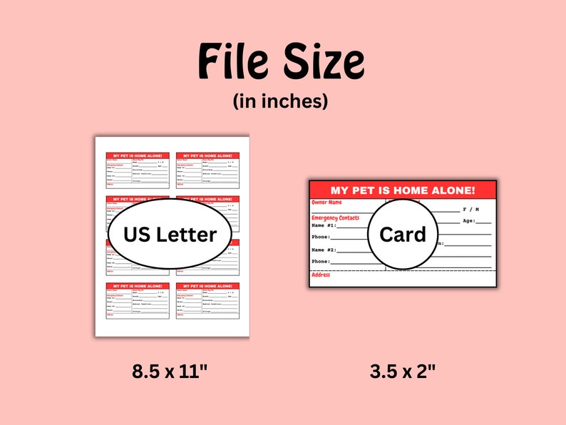 Printable Pet Emergency Contact Card Template, Wallet Size Pet Home Alone Information ID ...