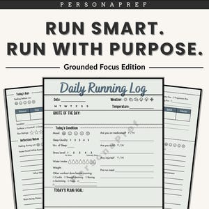 Printable Daily Running Log Template (Grounded Focus), Running Goal Tracker PDF, Digital Running Training Journal Planner Pages for beginner