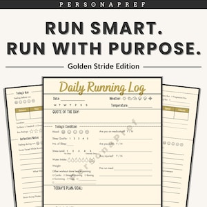 Printable Daily Running Log Template (Golden Stride), Running Goal Tracker PDF, Digital Running Training Journal Planner Pages for beginners
