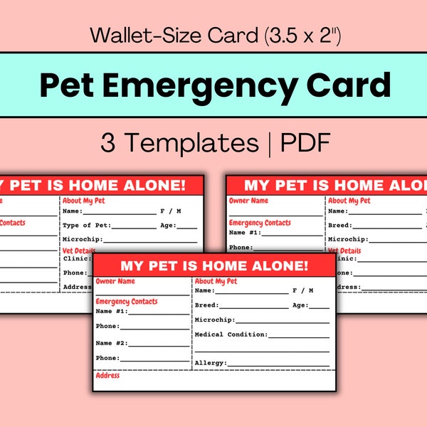 Printable Pet Emergency Contact Card Template, Wallet Size Pet Home Alone Information ID Emergency Medical Health Alert Detail Card Template