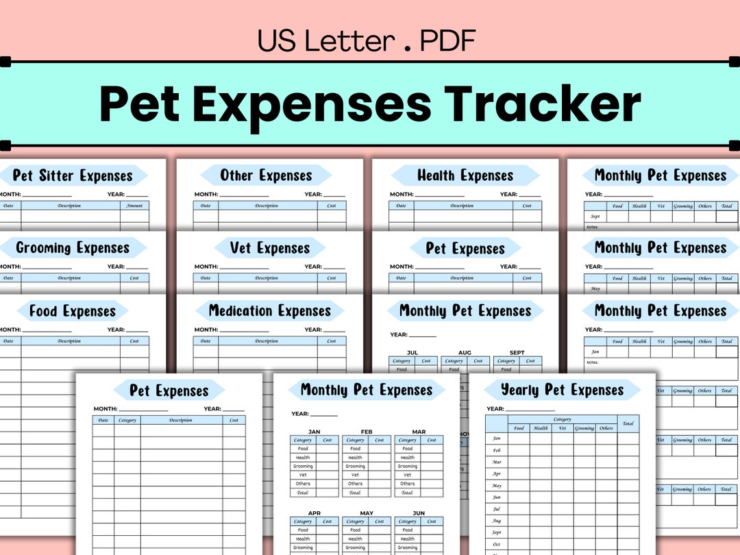 Pet Expenses Tracker Template Printable PDF blue, Minimalist Monthly ...
