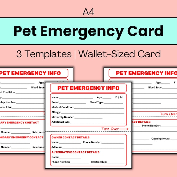 Printable Pet Emergency Contact Card Template, Wallet Size Pet and Owner Information ID Emergency Medical Health Alert Details Card Template