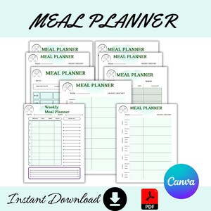 Meal Planner Weekly Meal Menu Planner DIY Recipe Planner Book Digital Planner A4 Letter Half Size PDF Printable Inserts, Grocery Checklist
