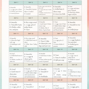 May include: A 30-day IBS meal plan quick guide with daily meal suggestions for breakfast, lunch, and dinner. The guide includes a variety of foods, including smoothies, cereal, eggs, grits, chicken, tuna, and more.