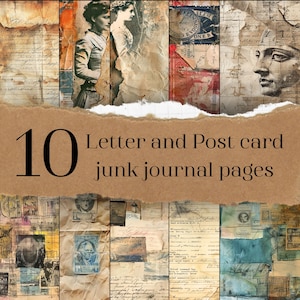 10 páginas de diário de lixo eletrônico de carta/cartão postal, papel envelhecido desgastado, fundo vintage, em camadas, JPG, kit de diário vintage, coisas efêmeras de diário, artesanato em papel