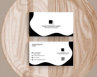 Tarjeta de visita con plantilla de código QR, tarjeta de visita moderna mínima, tarjeta de visita imprimible editable Canva, tarjeta de visita en blanco y negro