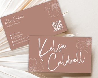 Boho Business Card with QR Code, Minimal Modern Business Card, DIY Printable Canva Template, Instant Download, Editable Business Card Canva