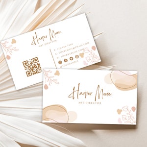 Boho visitekaartje met QR-code, minimaal kunstzinnig visitekaartje, DIY afdrukbare Canva-sjabloon, direct downloaden, bewerkbare visitekaartje Canva