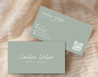 Tarjeta de visita Boho con código QR, tarjeta de visita moderna mínima, plantilla Canva imprimible DIY, descarga instantánea, tarjeta de visita editable Canva