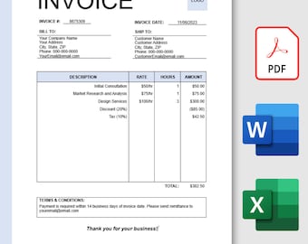 May include: A black and white invoice with the word "INVOICE" in a large font at the top. The invoice includes a description of services, rates, hours, and amounts. The total amount is £382.50. The invoice also includes terms and conditions for payment.