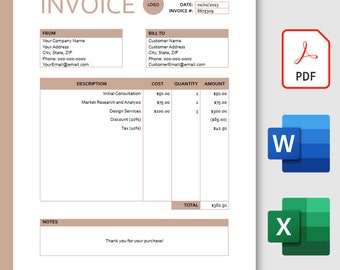 Invoice Template PDF, Editable Printable Invoice Microsoft Word Excel, Business Invoice, Customizable Professional Sleek Modern Invoice Page