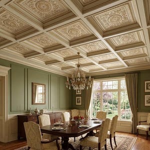 May include: A dining room featuring a decorative ceiling with ornate, square panels in cream and gold. The room has green walls, a dark wood dining table, and a crystal chandelier. A large window offers a view of the outdoors.