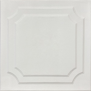 May include: A square, white ceiling tile with a textured surface and a decorative, raised border. The border features a rectangular shape with curved corners, creating an ornate, panel-like design. The tile is designed for interior use.