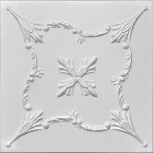 May include: A square, white ceiling tile with an ornate, raised floral design. The pattern features stylized leaves, curved lines, and a central four-leaf motif. The tile has a textured surface.