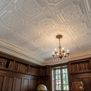 May include: Ornate white ceiling tiles with detailed relief patterns. A classic chandelier hangs from the ceiling, illuminating a room with dark wood paneling and built-in bookshelves. The room has a traditional, elegant aesthetic.