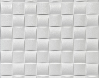 May include: A square, white textured panel with a repeating pattern of raised, rounded squares. The surface has a subtle, pearlescent sheen, creating a play of light and shadow across the geometric design. This panel is suitable for wall decor.