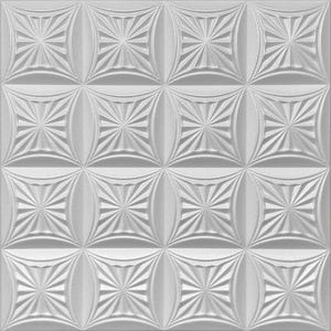 May include: A square, white, textured panel with a repeating pattern of stylized sunburst designs within square and oval frames. The design is embossed, creating a play of light and shadow.