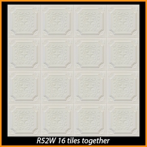 May include: Sixteen white decorative ceiling tiles arranged in a grid pattern. Each square tile features a raised, ornate floral and scroll design within a square frame. The text "R52W 16 tiles together" is at the bottom.
