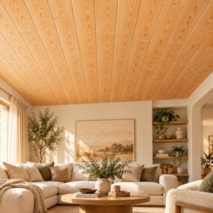 May include: A living room featuring a light wood plank ceiling, a cream-colored sectional sofa with various throw pillows, a round wooden coffee table, and built-in shelves displaying plants and decorative items under a landscape painting.
