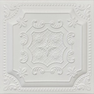 May include: A square white ceiling tile featuring a raised relief pattern. The design includes a central diamond grid with four small floral motifs, surrounded by symmetrical scrollwork, leaf accents, and a beaded border frame.