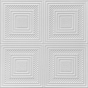 May include: A seamless pattern of four white square tiles. Each tile features a series of concentric squares with textured and patterned details. The central square has a cracked, leather-like texture.