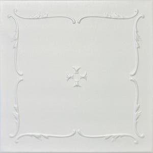 May include: A square, white ceiling tile with an embossed floral design. The tile features a central cross-like motif and decorative corner and border elements. The overall design is symmetrical and ornate, suitable for interior decor.